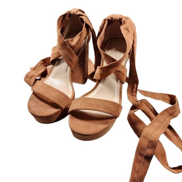 Wild Diva Lounge Suede Lace Up Platform Heeled Ankle Strap Sandals Brown Size 7 - Picture 5 of 9
